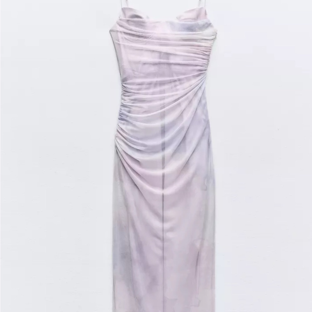 DRAPED PRINTED TULLE DRESS